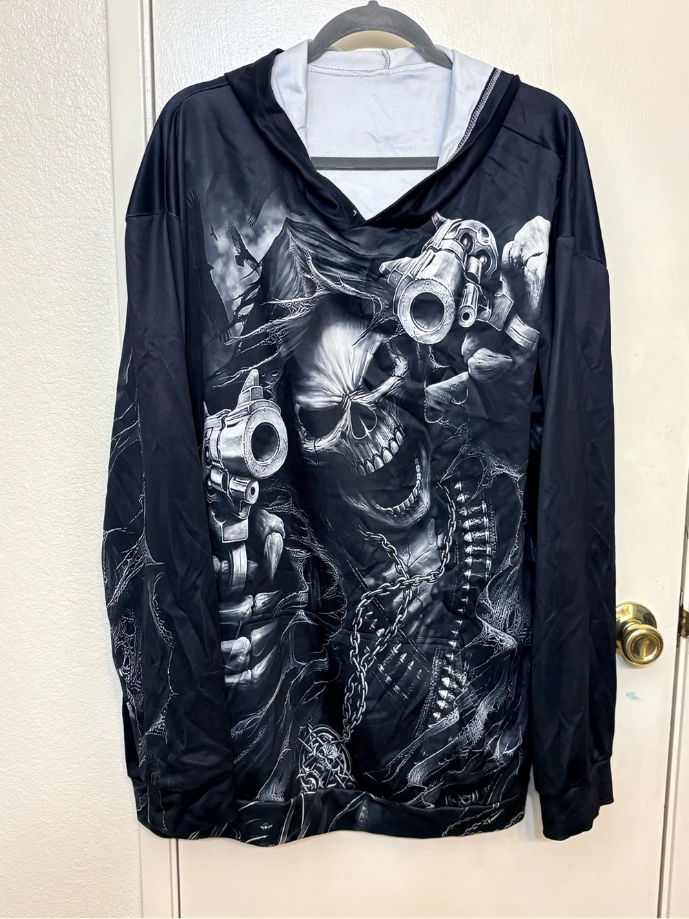 Mens 3XL Grim Reaper Skull All Over Print Graphic Hoodie Goth Biker Pullover